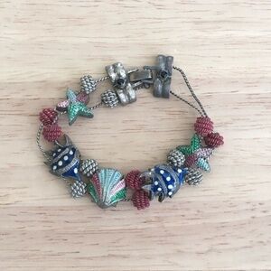 Vintage  Slide Bead Silver Tone Metal Enamel Fish Shells Charm Beach Bracelet